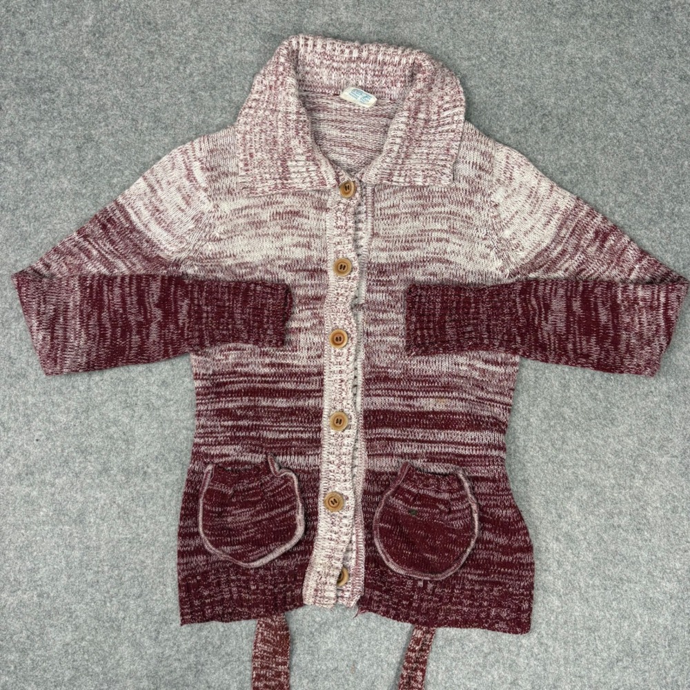 Vintage Atkins Space Dye‎ Cardigan Sweater Burgundy Cream Shawl Collar Womens M